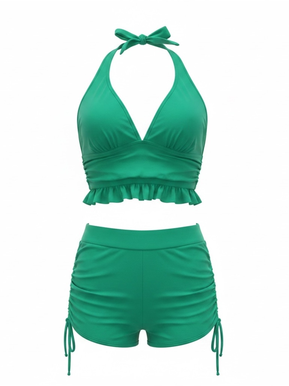 Women’s Emerald Green Halter Bikini Set with Ruched Swim Shorts